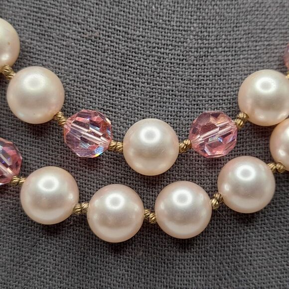 Vintage Pink Faux Pearls Pink Crystals Choker Necklace 1950s - Picture 4 of 11